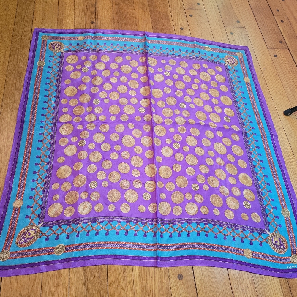 Elaine Gold Womens Square silk Scarf 31in x 31in Purple Blue Gold Coins Money